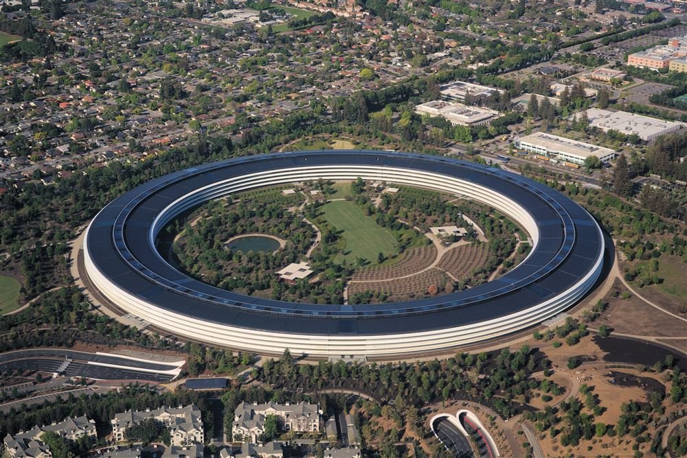 Aerial view of Apple Park headquarters with solar rooftop