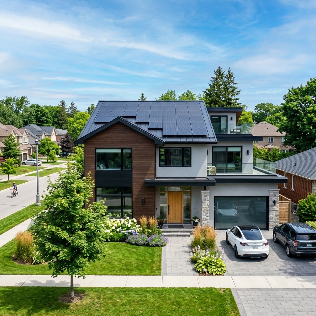 Modern home with integrated rooftop solar panels